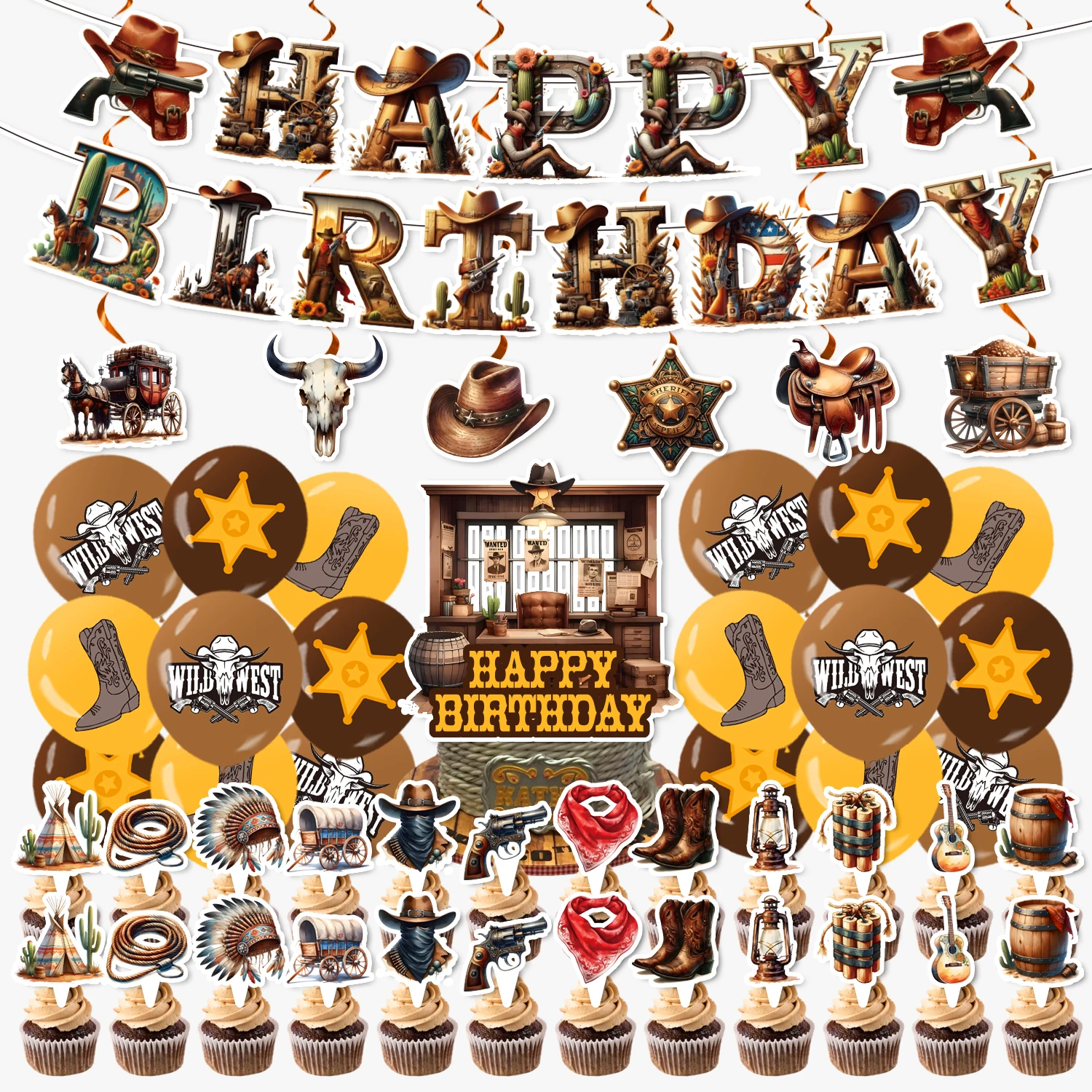 Wild West Cowboy Party Decorations Set Western Theme Banners & Hanging Swirls Birthday Party Supplies