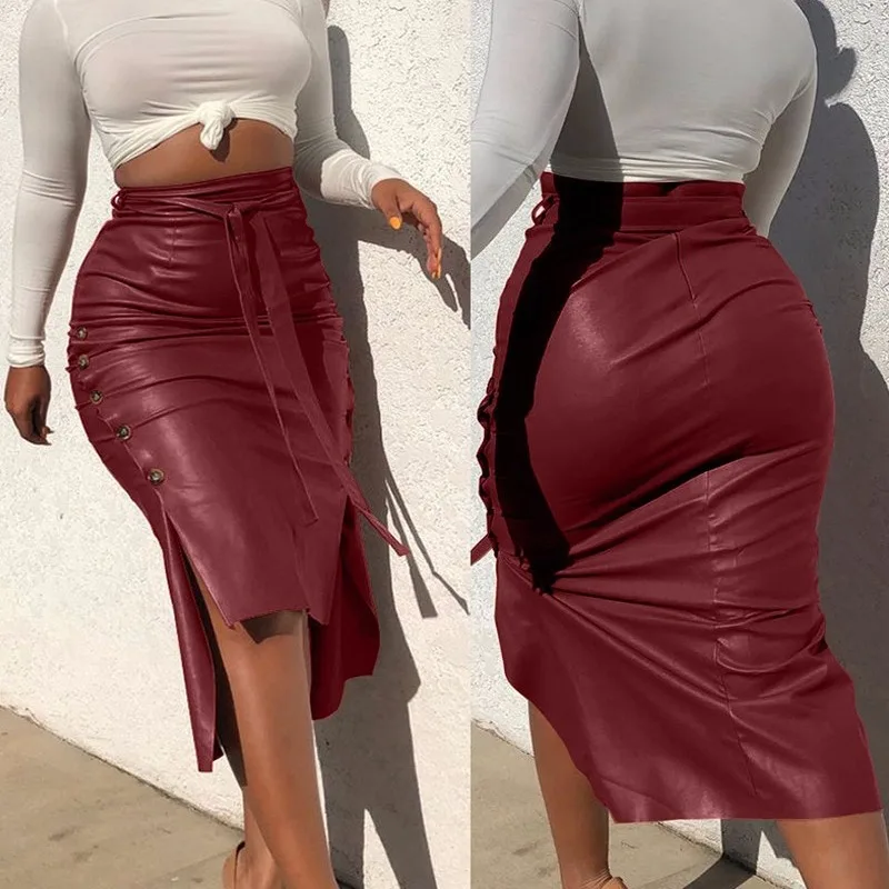 Split Slim Mid Length Buttock Skirt Women PU Leather Midi Skirt Solid High Waist Lace-up Side Button Slim Skinny Pencil Skirt