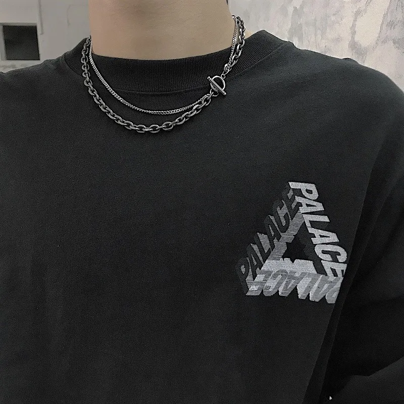 VAF IO Multi Double Layer Dark Silver Necklace Stainless Steel Choker Chain Necklace For Men