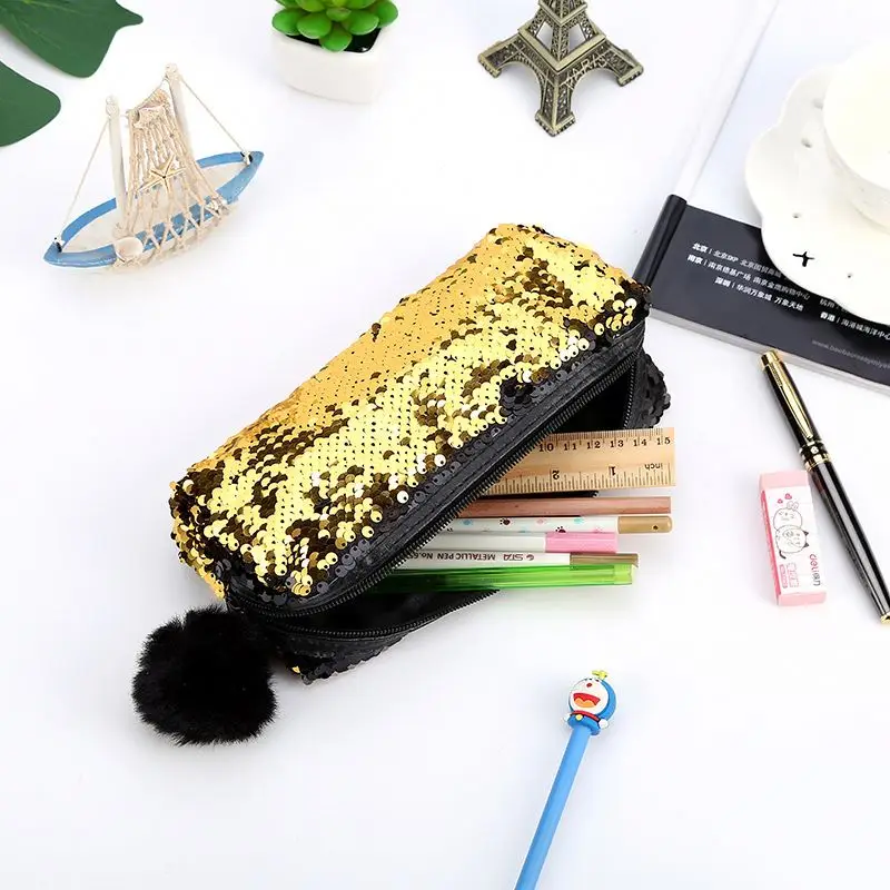 New style fur ball two color paillette pencil bag stationery student make up bag lady Mermaid paillette storage bag