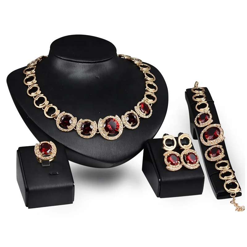 Fashion Gemstone Oval Circle Hoop Ruby 18K Gold Plated 4 Piece Jewelry Set