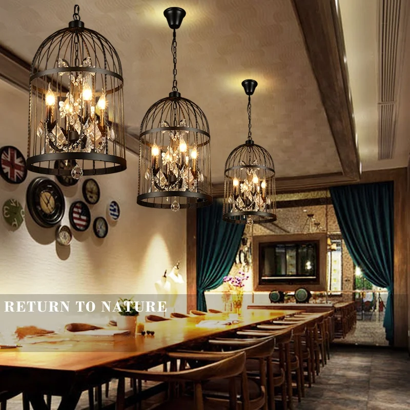 JYLIGHTING Wrought iron American retro restaurant bar personality creative industrial hanging lamps crystal bird cage chandelier