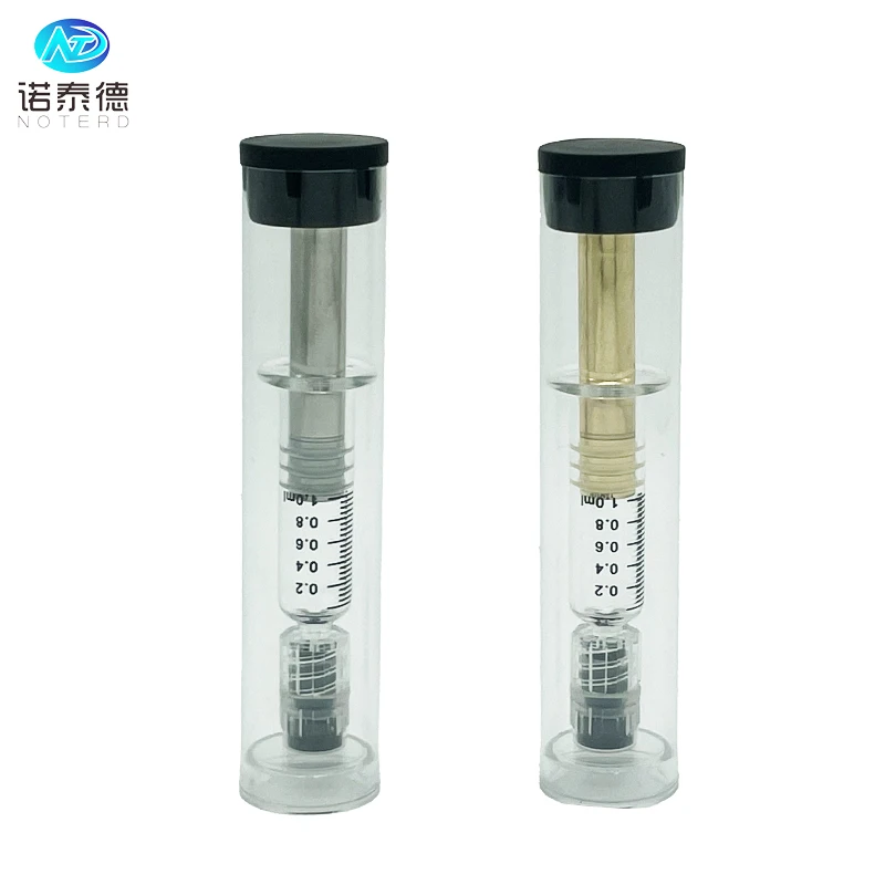 Factory 1 ml 2.25ml 3ml 5ml luer lock glass syringe with gold metal plunger