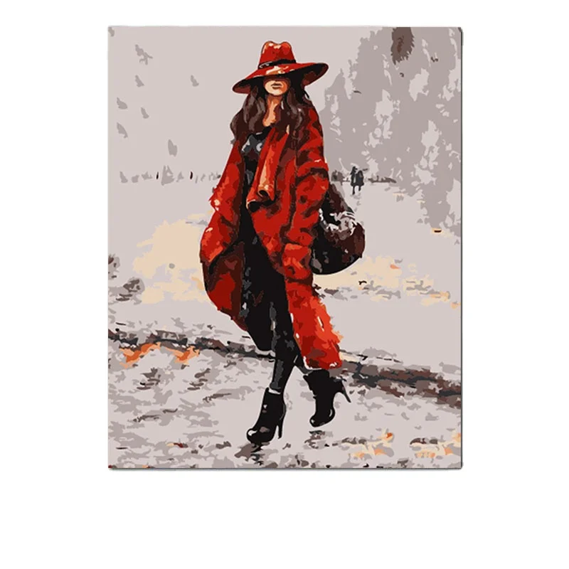 Wholesale Custom Diy Digital Painting  Red Coat  Woman Waiking In Street  Diy Painting By Numbers