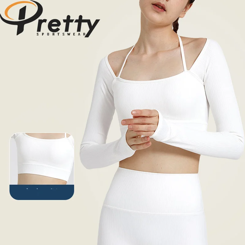 Autumn ribbed long sleeve yoga tops halter neck sexy slim fit crop top with chest pads Tight long sleeve running fitness T shirt