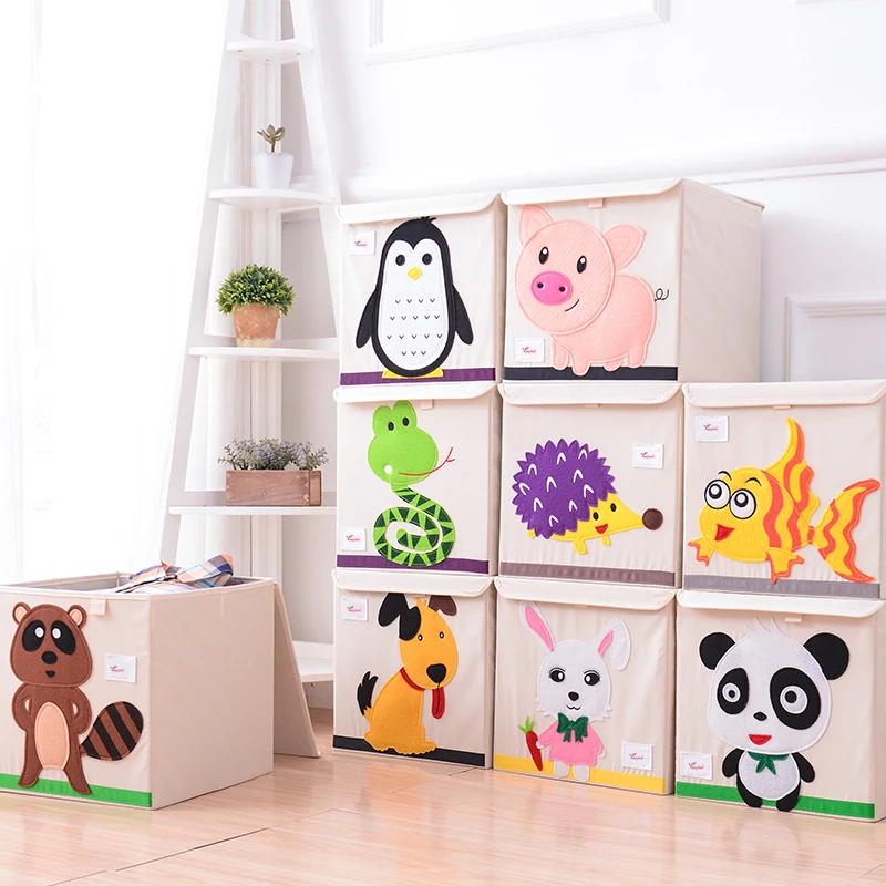 Collapsible Multi Bin Storage Cartoon Toy Fabric Storage Box Cubes with Lid