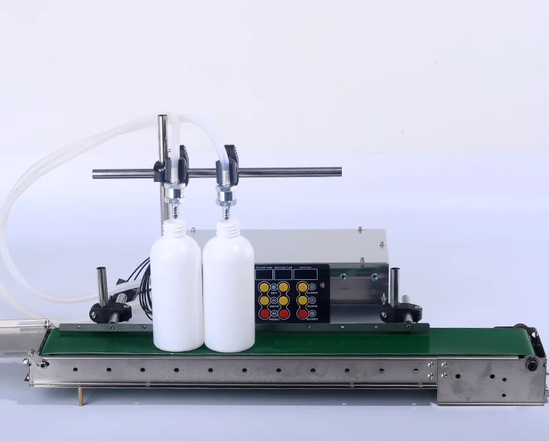 Alcohol Hand Sanitizer Gel Dispenser Diaphragm Pump 2 Nozzles Liquid Filling Machine With Conveyor and Guardrail