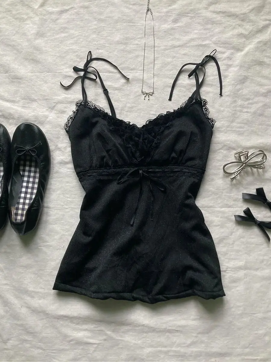 Gothic Summer Crop Top Punk Women Vintage Clothes Lace Sling Hotsweet Girl 2000s Camis Bow Aesthetic  Tank Corset Tops Sexys