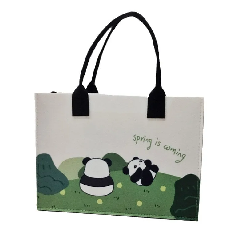 Wholesale Panda style Custom printed logo women tote bag wool felt ladies shopping shoulder bag handbag