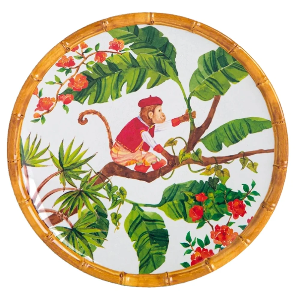 Outdoor Bali Monkey Pattern Melamine bamboo rim dinner plate