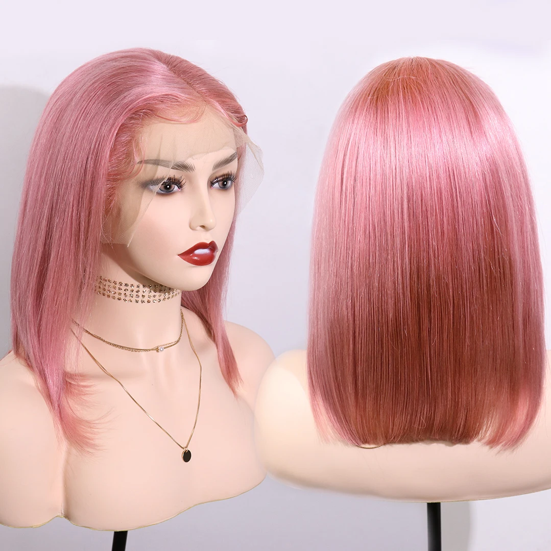 
Прямые волосы Sweet Pink Bob, 100% бразильские человеческие волосы, парик на шнуровке спереди, безклеевые цветные парики для косплея на Хэллоуин для женщин 