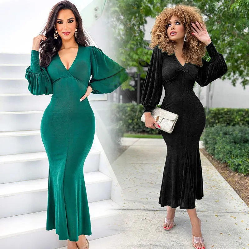 BOBOYU 2023 new fashion women tie back long sleeve v neck bodycon velvet mermaid dress elegant formal maxi evening party dresses