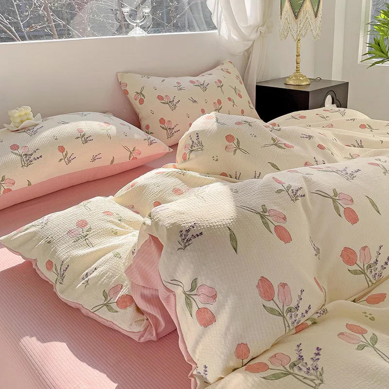 Aoyatex 2024 New Arrivals Luxury bedding sets Jacquard Washed bubble Gauze Bed sheets set Cute Four-piece set