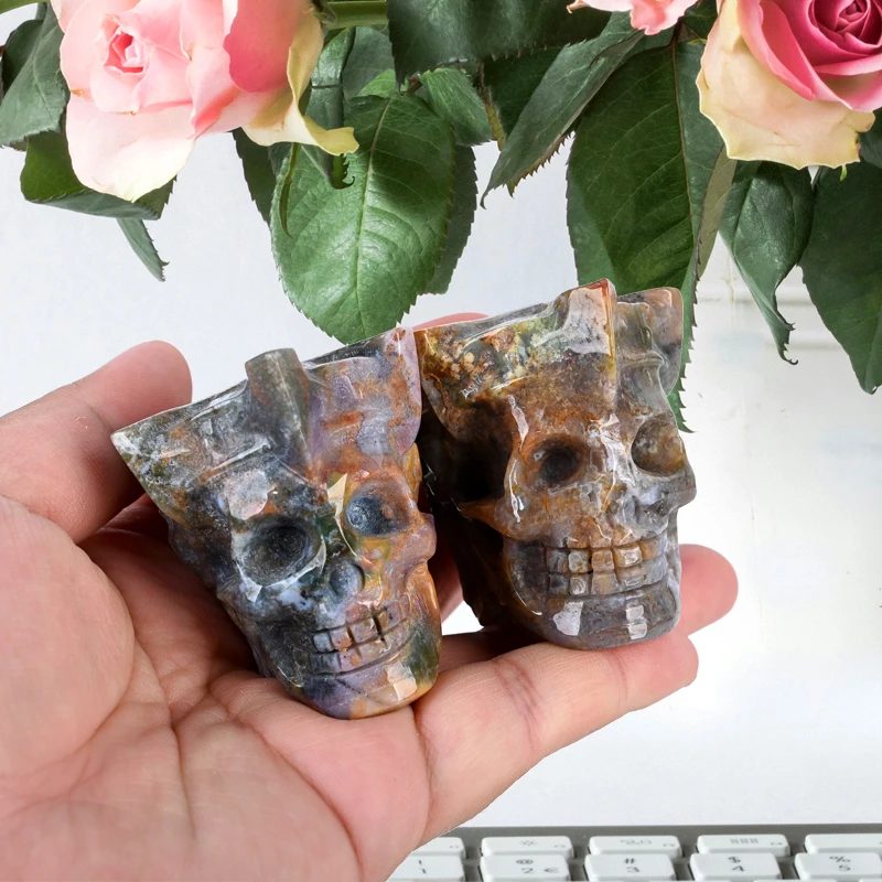 Wholesale Natural Healing Hand Carved Crystal Crafts Ocean Jasper King Hand Skulls For Halloween