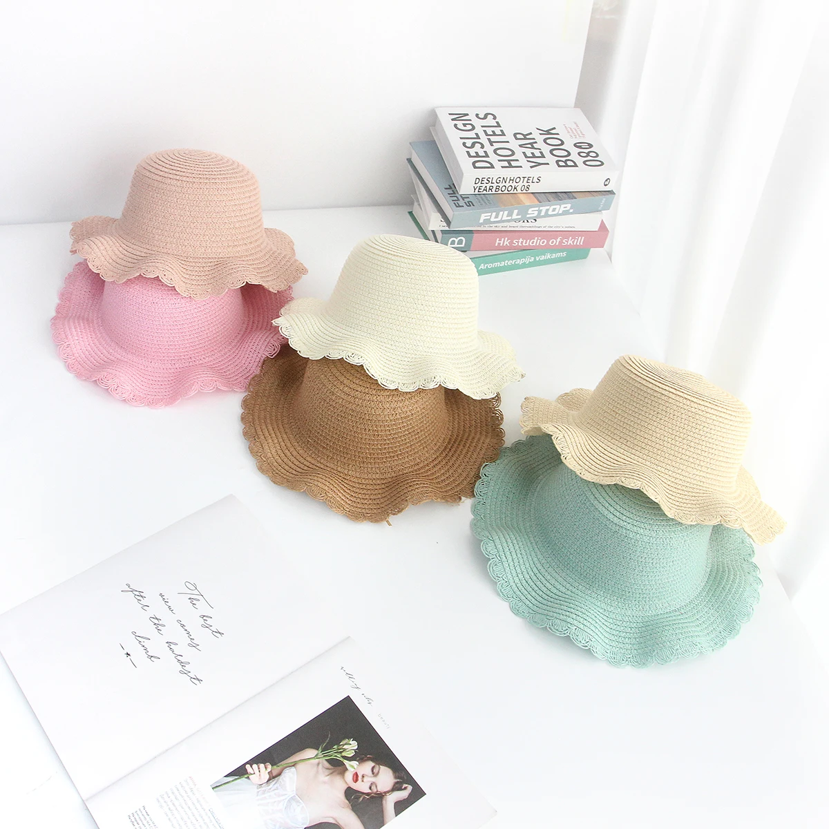 6 Color Kids Hat Cute Lovely Wave Cap Summer straw hat baby Bow Decor Straw Hat