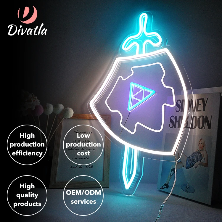 DIVATLA Gaming Streaming Sword Shield Acrylic Zelda Custom Design Background Light 4W LED Custom Neon Sign