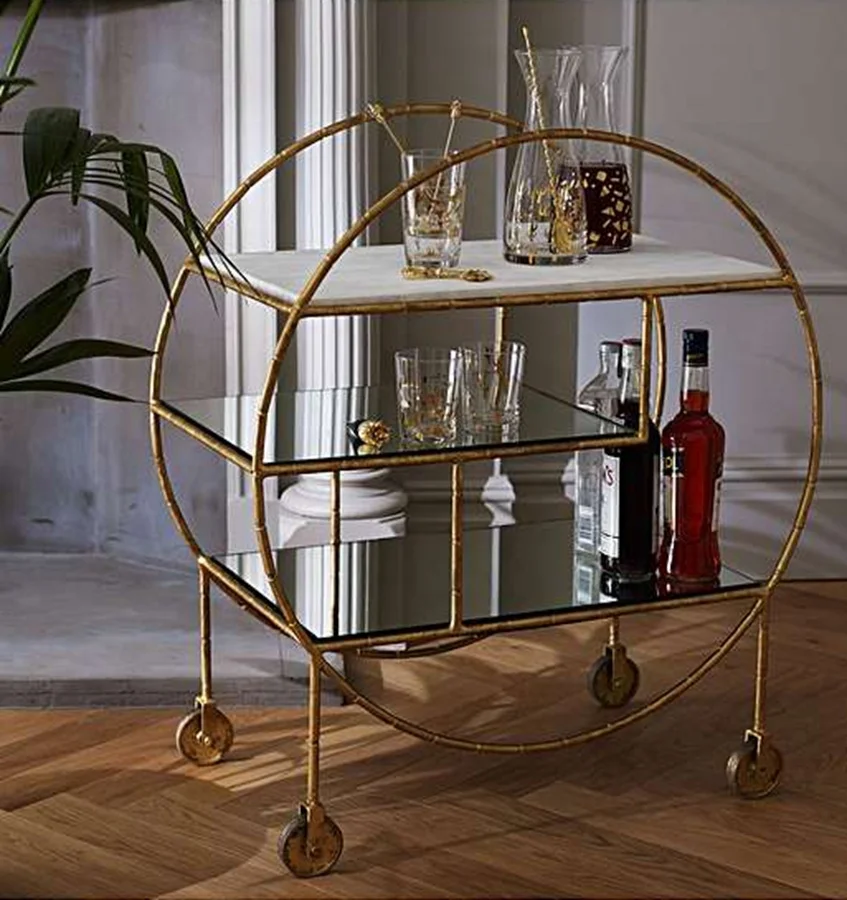 Luxury Golden Metal Round Frame Glass Marble Hotel Trolley Serving Bar Cart