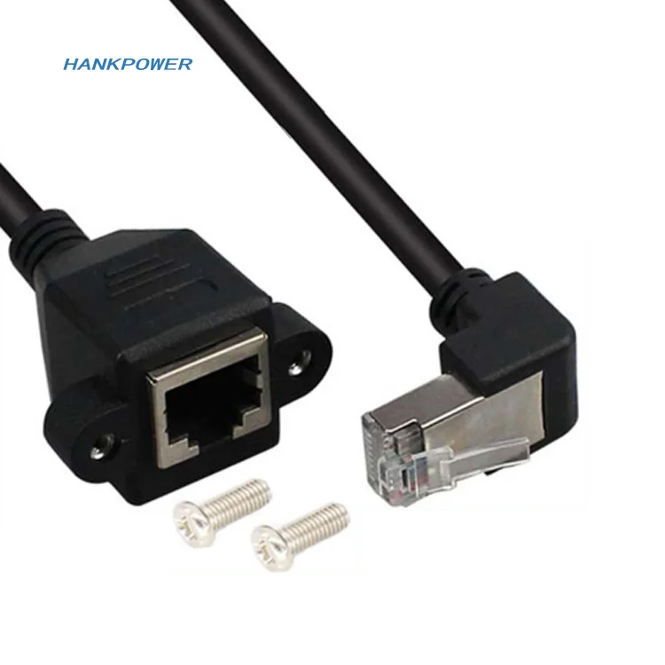 Right Angle RJ45 Male to Female Cable Adapter With Screws Lock Panel Mount RJ45 Ethernet Network Extension Cable Cord