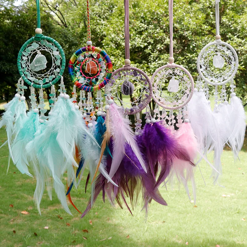 Wholesale Mini Fancy Dream Catcher Colorful Ornaments Feather Crafts Raw Crystal Stones Dream Catcher