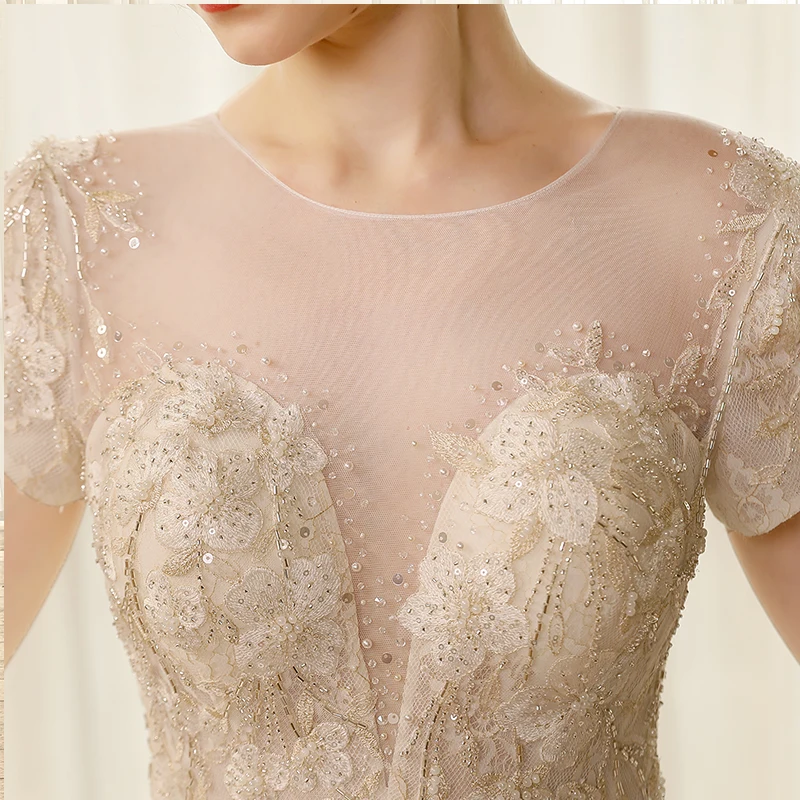 SL8195 Plus Size Wedding Dress With Short Sleeves Crystals Beading Tulle Floor Length Lace Girls Bridal Gown Wedding Dresses