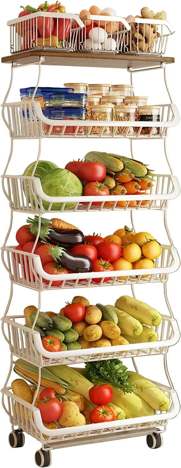 Fruit Vegetable Storage Basket,5 Tier Stackable Wire Storage Baskets with Wheels,Produce Basket Organizer Bins for Kitchen