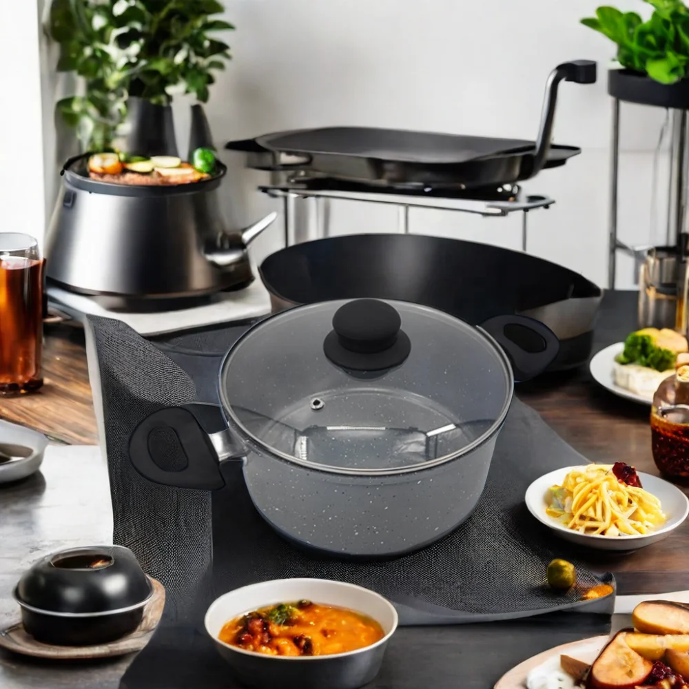 24cm Non-Stick Carbon Steel Dutch Oven 1.0mm Imitation Die Cutting Soup Pot with Induction Bottom and Glass Lid for Home Use