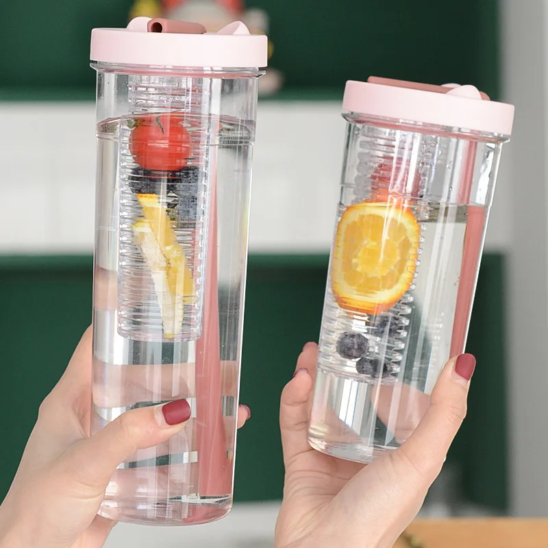 Summer hot selling student lemon juice clear filter plastic water bottle ins outdoor sport bottle with straw