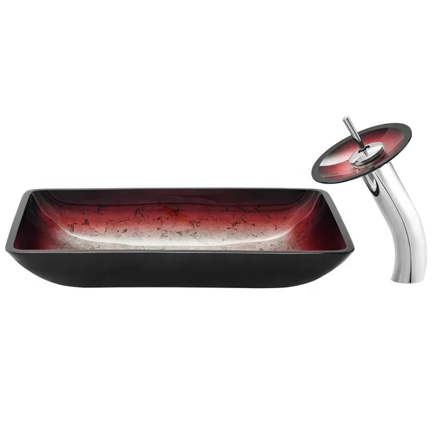 Rectangular bowl shape top mount tempered glass hand wash bathroom vessel basin