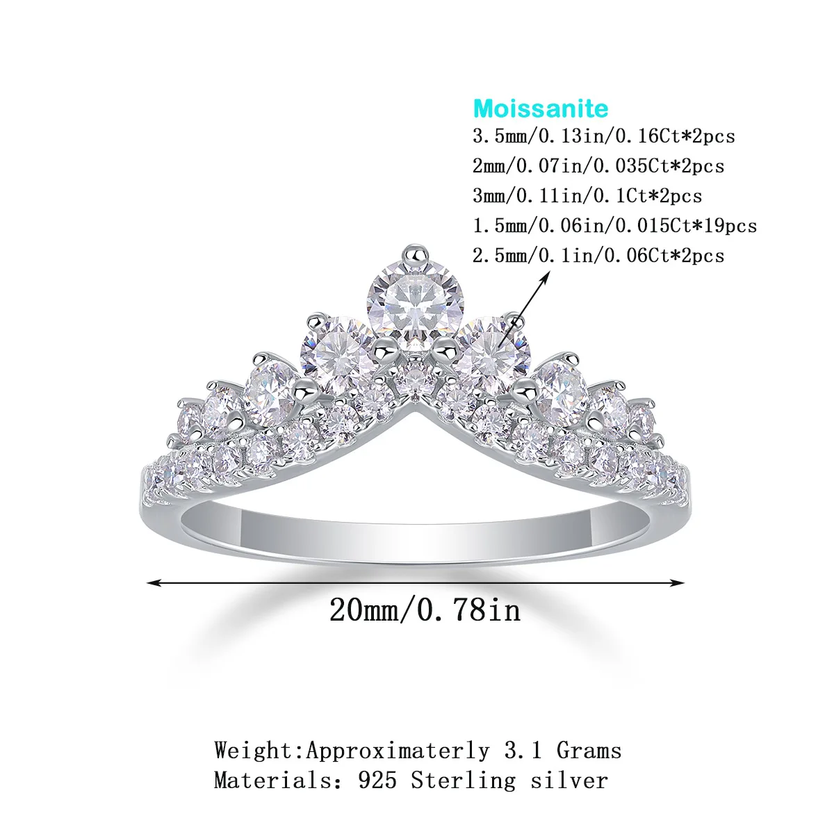 High Quality Dcolor Vvs1 Full Moissanite Crown Design 925 Sterling Silver Women Ring for Wedding Party Engagement