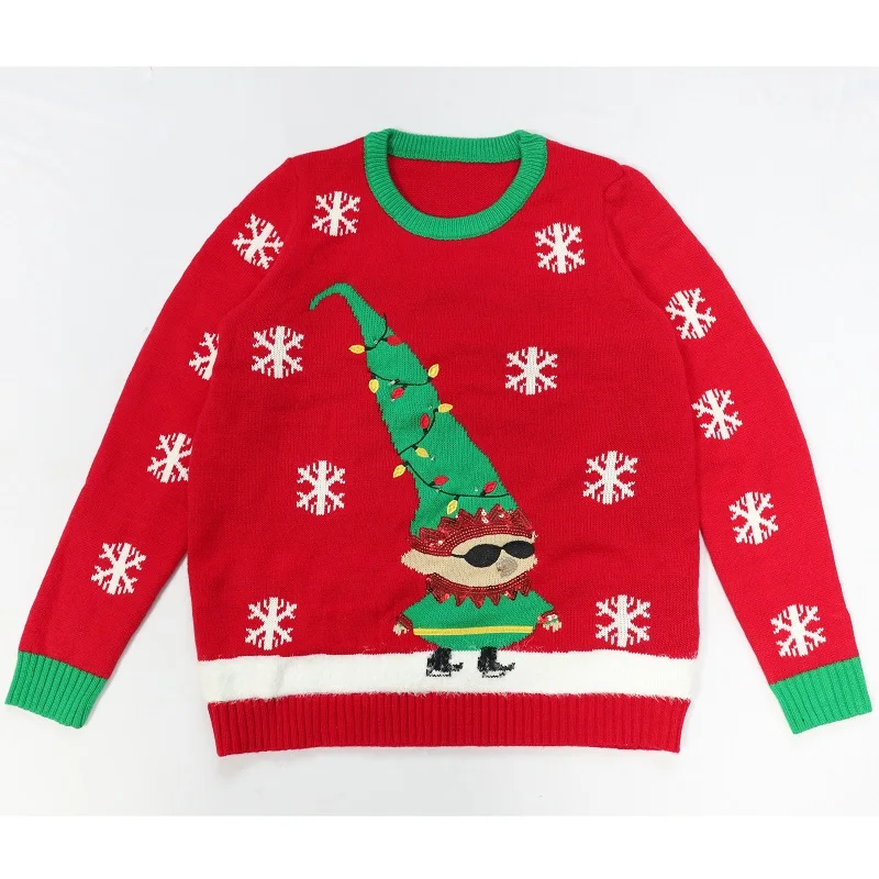 Red ugly Christmas sweater embroidered  sequin  Elf  jacquard cardigan Winter thick couples  sweater