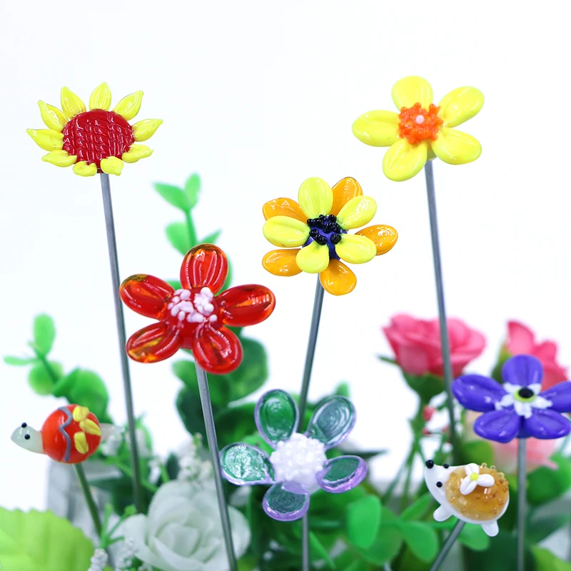 Garden Decorative Lampwork Handmade Glass Flower Animal Figurine Plant With Metal Stake