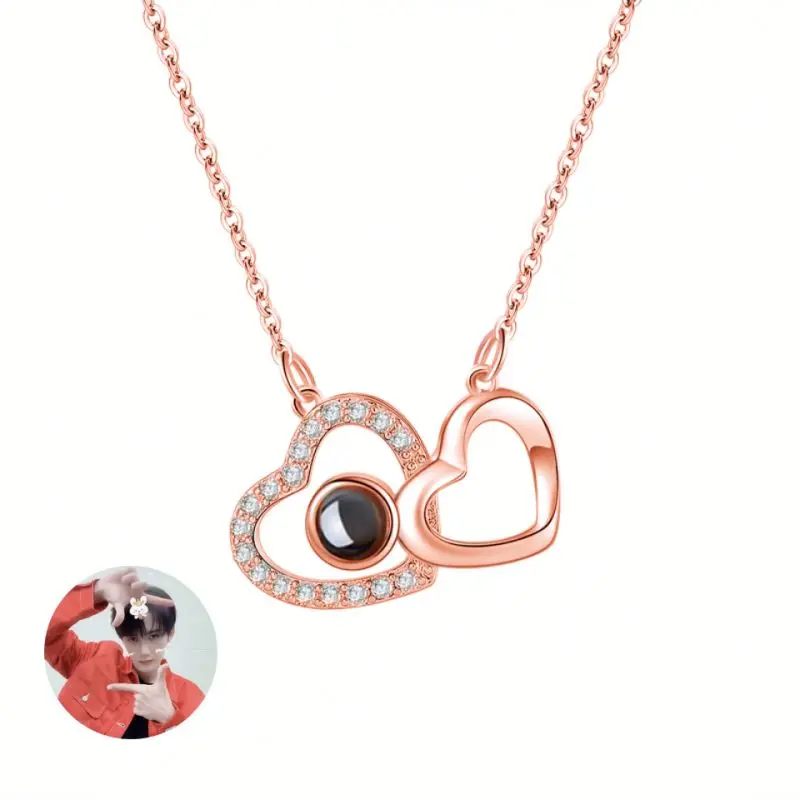 Медная инкрустированная цирконием индивидуальное фото Изображение Двойное сердце проекционное ожерелье