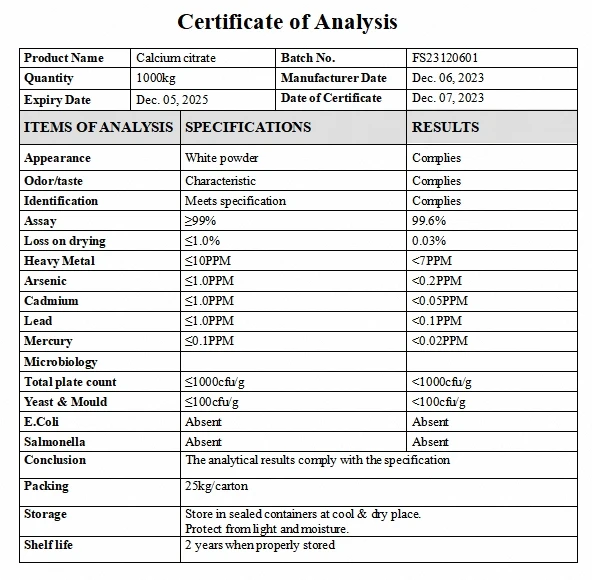 Wholesale Price Food Grade Calcium Citrate Powder Cas No 5785-44-4 Food Supplements