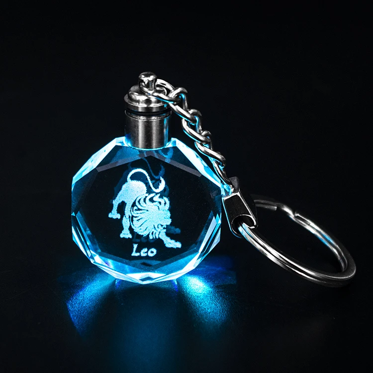 Cheap wholesale 12 zodiac Gemini crystal keychain led light healing crystal keychain for Souvenir Gift
