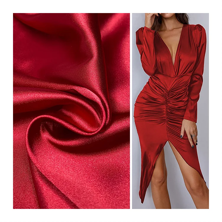 Wholesale High Quality 100% Polyester Suit Dress Fabric Textile Dull Matte Satin Cheongsam Fabric shine red poly satin fabric