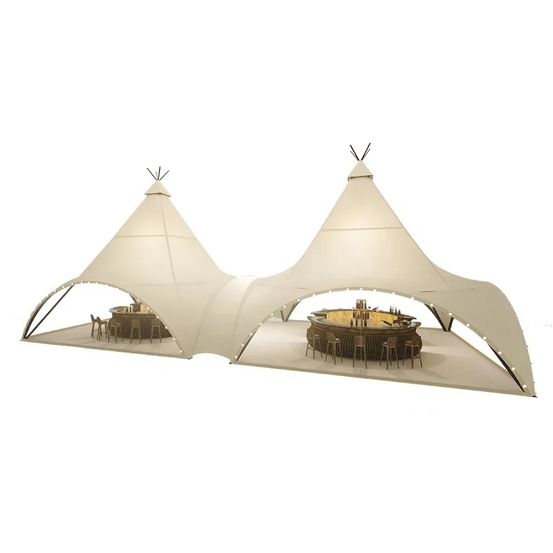 Triplet Double-peak Tent Outdoor Luxury Canvas Safari Teepee Glamping Tent for Restaurant and Bar Large Frame Teepee Glamping
