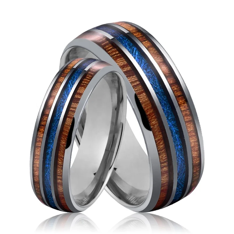Hawaiian Custom Wood and Blue Meteorite Inlay Tungsten Rings