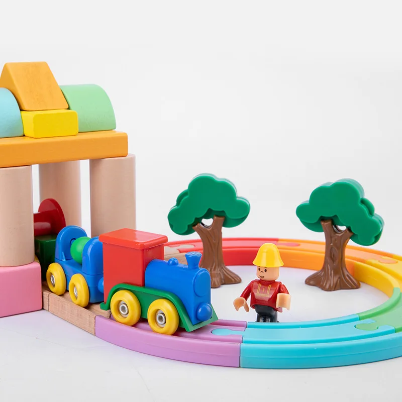 Montessori Baby Wooden DIY Magnetic Railway Track Vehicle Train Set Game EducationalTracking Toys For Kids Boys Girls