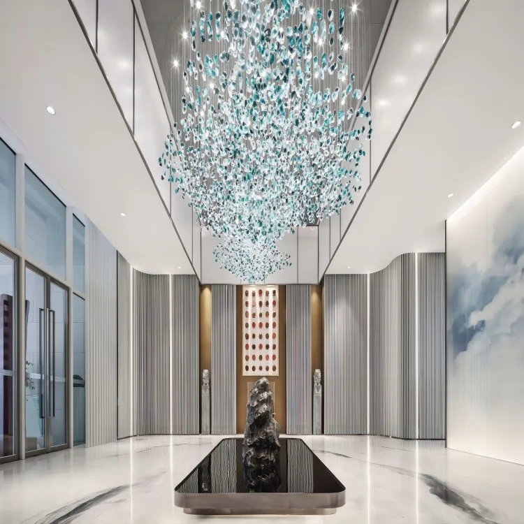 modern Design Luxury Indoor Crystal Stone Metal Body Project Light Villa Lobby Green glass Led Chandelier for wedding decor