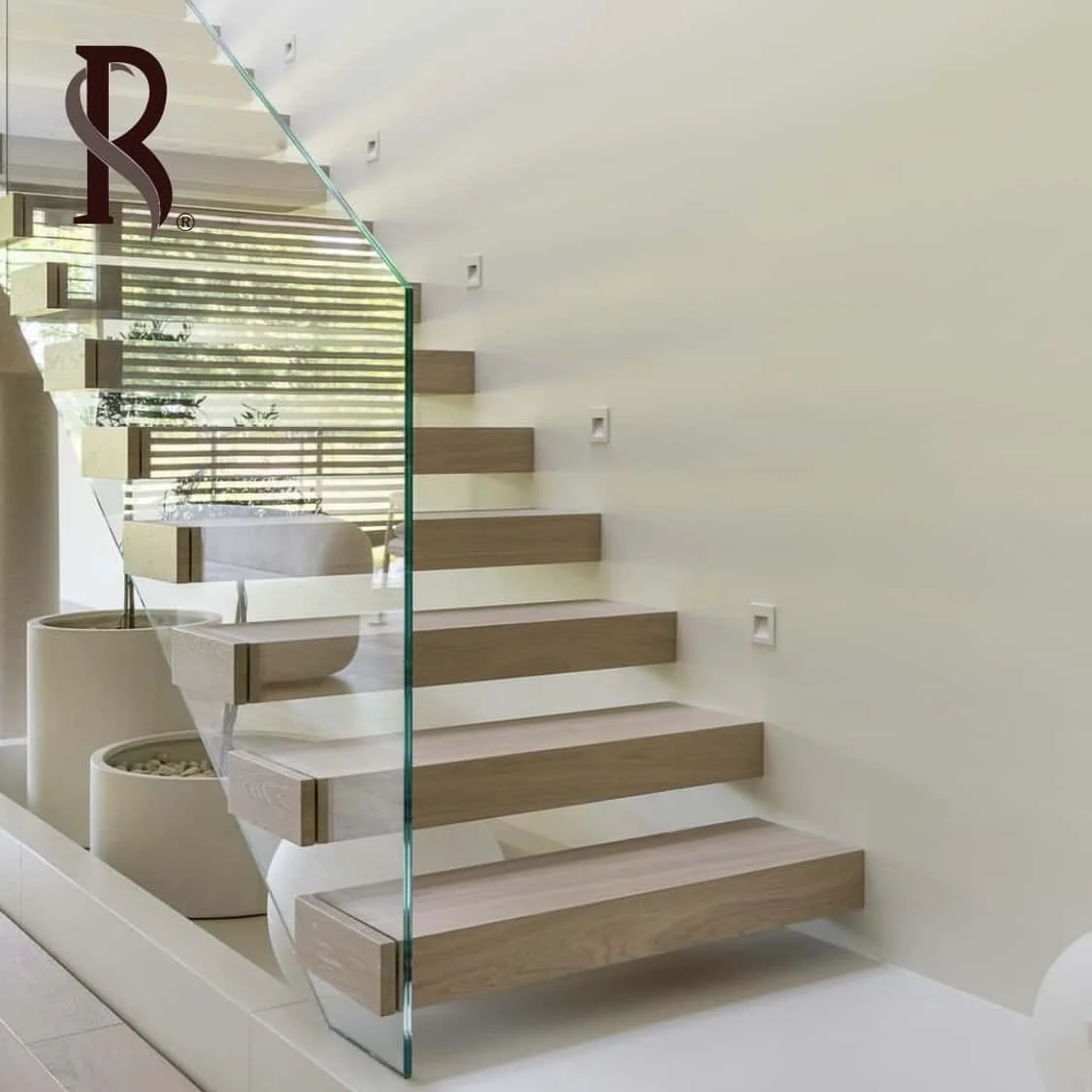 Rising Commercial Residential Internal Iron stair Dual Beam Design Oak Pine Wooden Glass Tread White Metal Staircase for Villas