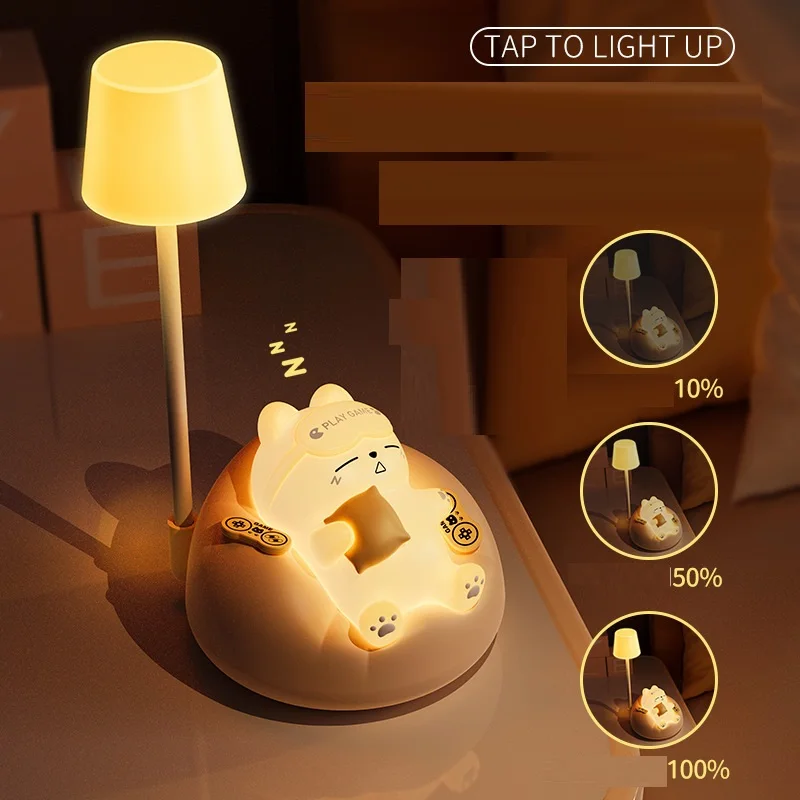 Wholesale Cute Sleeping Cat Pat Night Light Bedroom Bedside 3-speed Adjustable Eye Protection Ambient Lamp