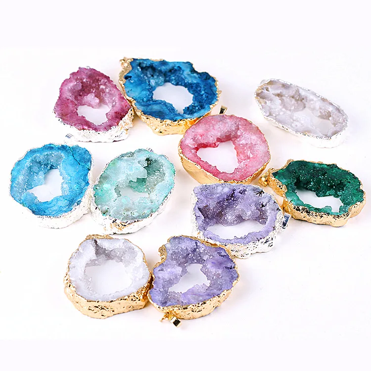Wholesales Natural Shape Gold Plating Slice Geode Agate Druzy Pendants With Gold Edging Crystal Druzy For Necklace
