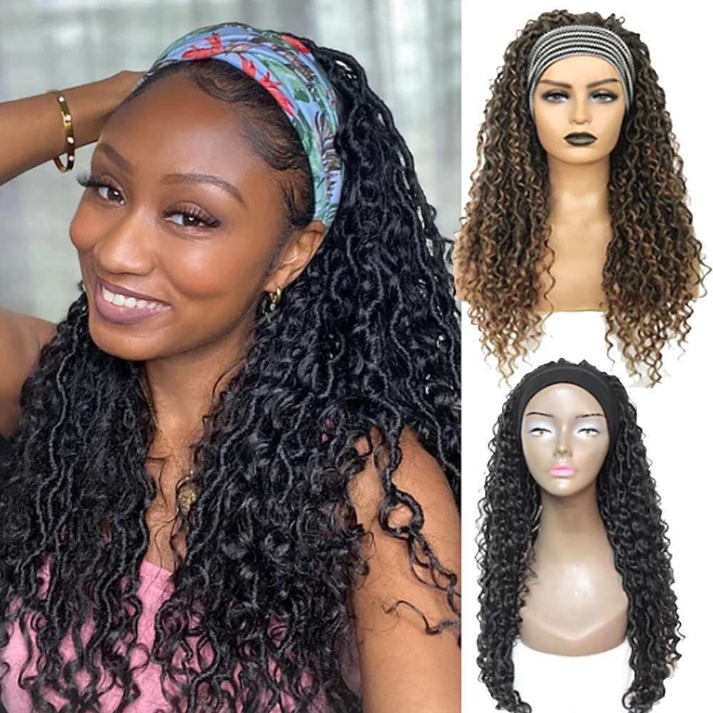 Ombre Brown Braided Headband Wigs 24 Inch Long Wig with Curly Faux Locs Braids Wig Head Band Women Synthetic Hair for Black