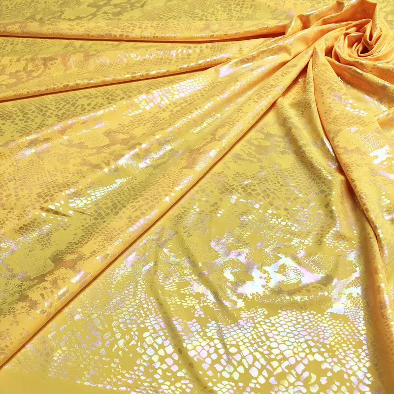 custom neon hologram metallic print design poly spandex shiny foil print fabric for dance wear