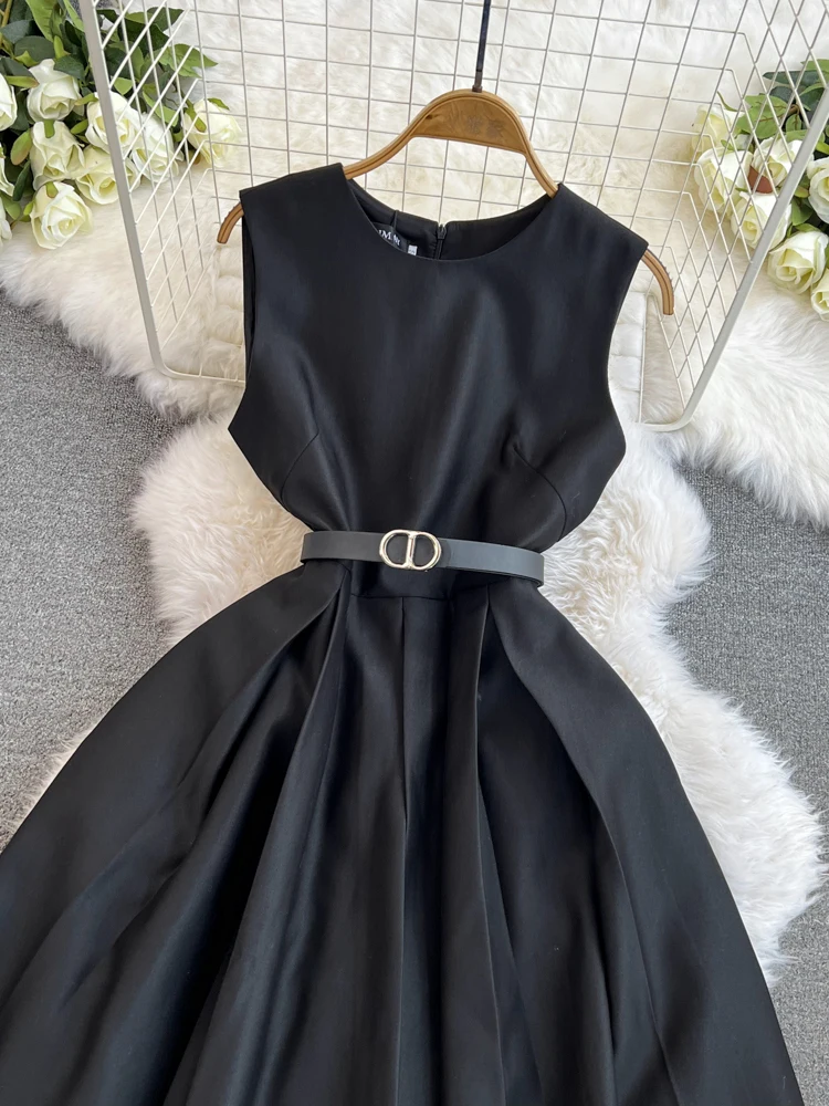 ZT1139 Black Herben crew neck dress High quality satin sleeveless tank dress