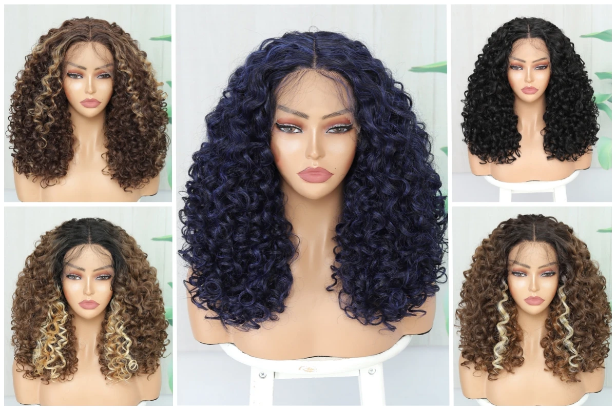 New Arrival Blue Color Synthetic T Part Lace Front BOB Wig  Wholesale Glueless Wig For Black Women Special Curly Wig