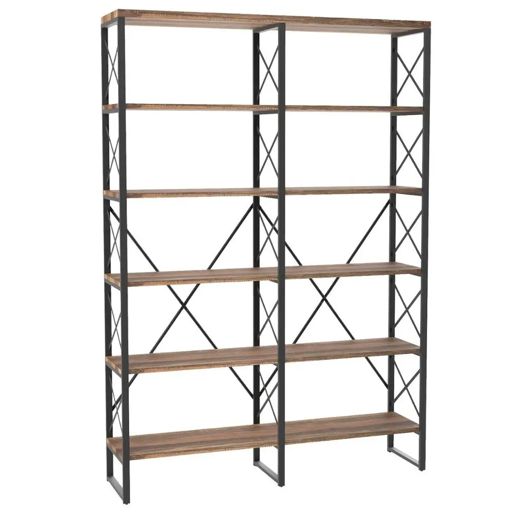 Bookshelf Double Wide 6-Tier Open Large Bookcase, Industrial Style Shelves, Wood and Metal Bookshelves for Home Office