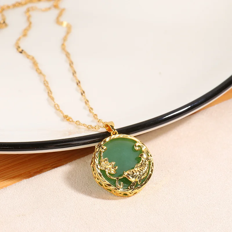 NUORO Fashion 18K Gold Plated Stainless Steel Chain Necklace Chinese Style Jewelry Round Green White Gemstone Jade Necklace
