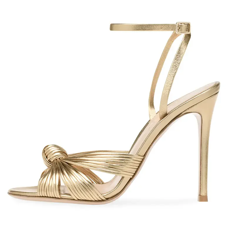Custom Your Logo Heel Sandals Round Toe Golden Leather Thin Heel Women Sandals For Party