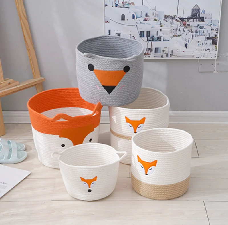 New Arrival Cartoon Fox Cute Organic White Cotton Rope Basket Large Storage